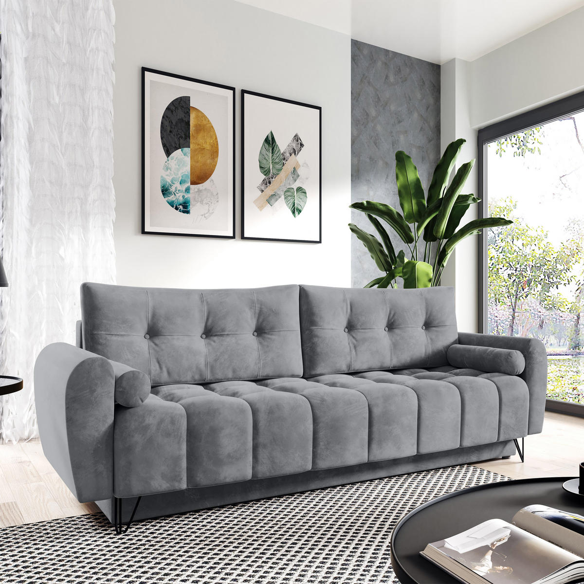 SCHLAFSOFA Malaga 3-Sitzer, Hellgrau - Hellgrau/Schwarz, Textil (223/93/100cm) - Beautysofa