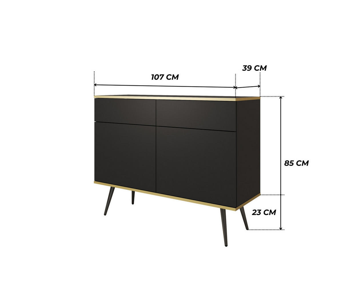 KOMMODE FORNO (Schwarz, Goldene Details, 2 Türen, 2 Schubladen, schwarze Metallfüße) - Schwarz, Holz/Holzwerkstoff (107/85/39cm) - Ravio