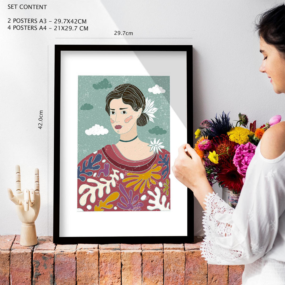 POSTER Set Mit 6 Drucken Blüten In Der Sammlung Von Ethnischenen Ästhetische Dekorative Für Zuhause Wandkunstdruck A3 & A4 Rahmen Aus Hellem Holz - Beige, Papier (29/3cm) - Nacnic