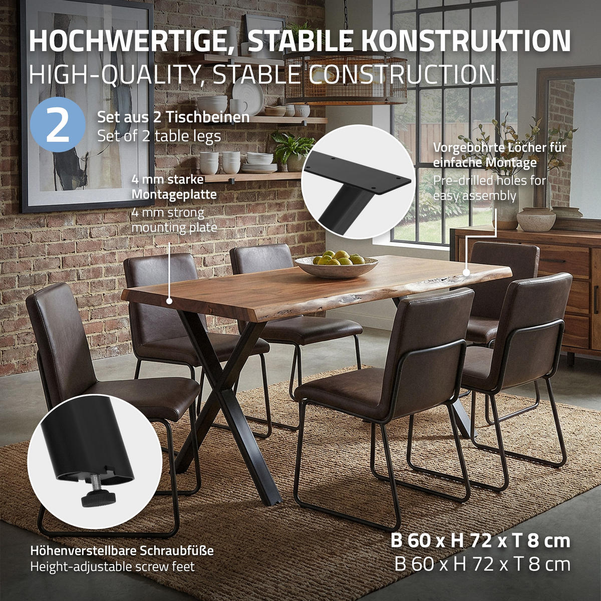 TISCHBEINE Metall Schwarz 2er Set 60x72 cm Flach Tischgestell aus Stahl X-Form - Schwarz, Metall (60/72/8cm) - ML-DESIGN