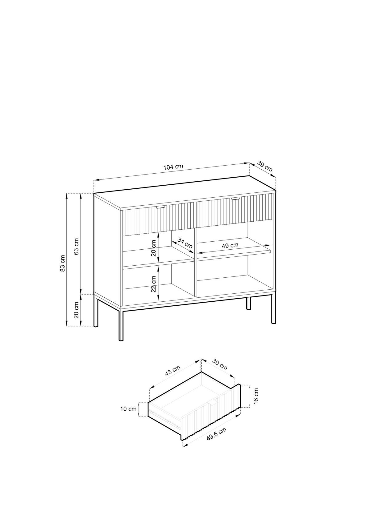 KOMMODE NOVA, Geriffelte Front, 2-Türen, 2-Schubladen 104x39x83 cm, Grau - Graphitfarben/Schwarz, Holzwerkstoff/Kunststoff (104/83/39cm) - DomoHome
