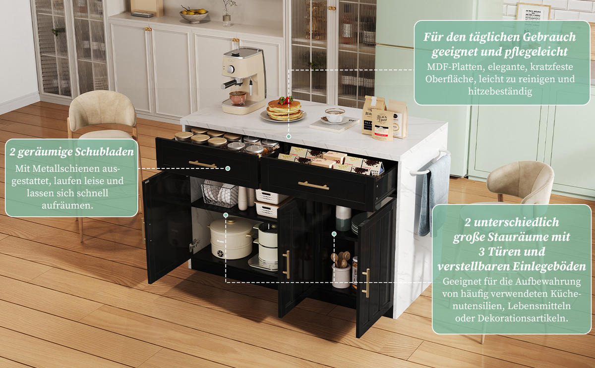 KÜCHENINSEL 120x60x91 cm mit Steckdosen, USB und Barbereich - Schwarz, Holzwerkstoff (120/91/60cm)
