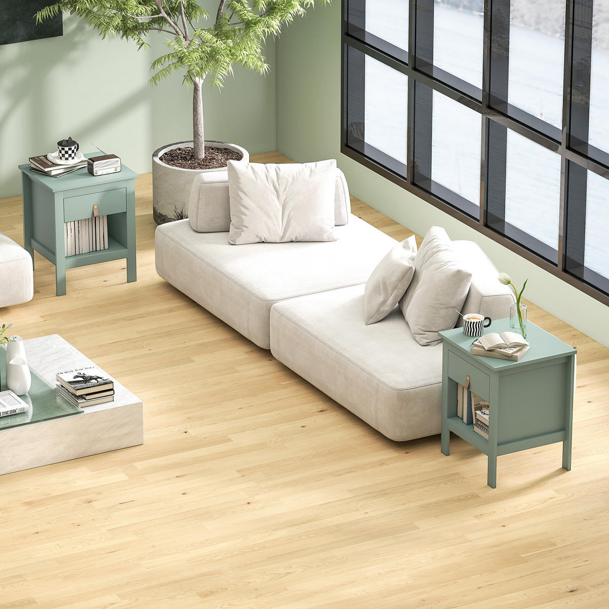 NACHTSCHRANK DE-12880 Schublade und offenes Fach Grün - Grün, Holzwerkstoff (40/55/45cm) - ComfortXL