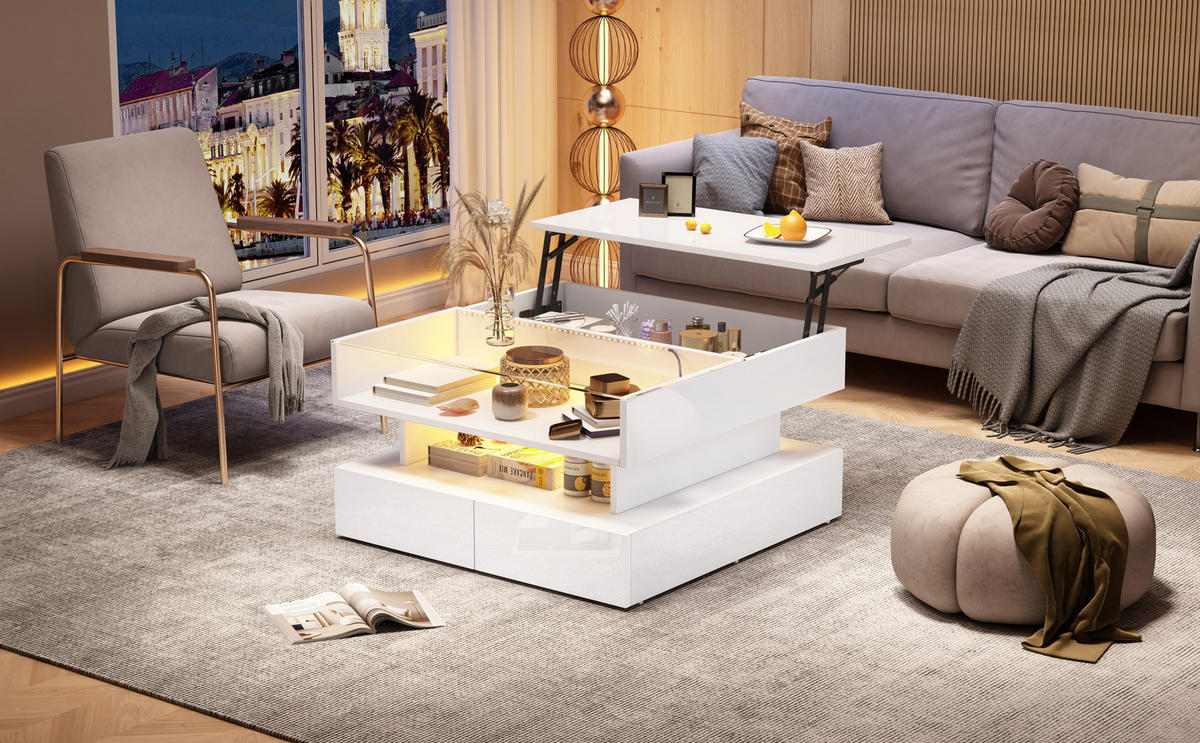 COUCHTISCH, hydraulisch höhenverstellbar, Hochglanz Weiß mit LED & Stauraum, 80/80/45 cm,Weiß - Weiß, Holzwerkstoff (80/80/45cm) - Redom