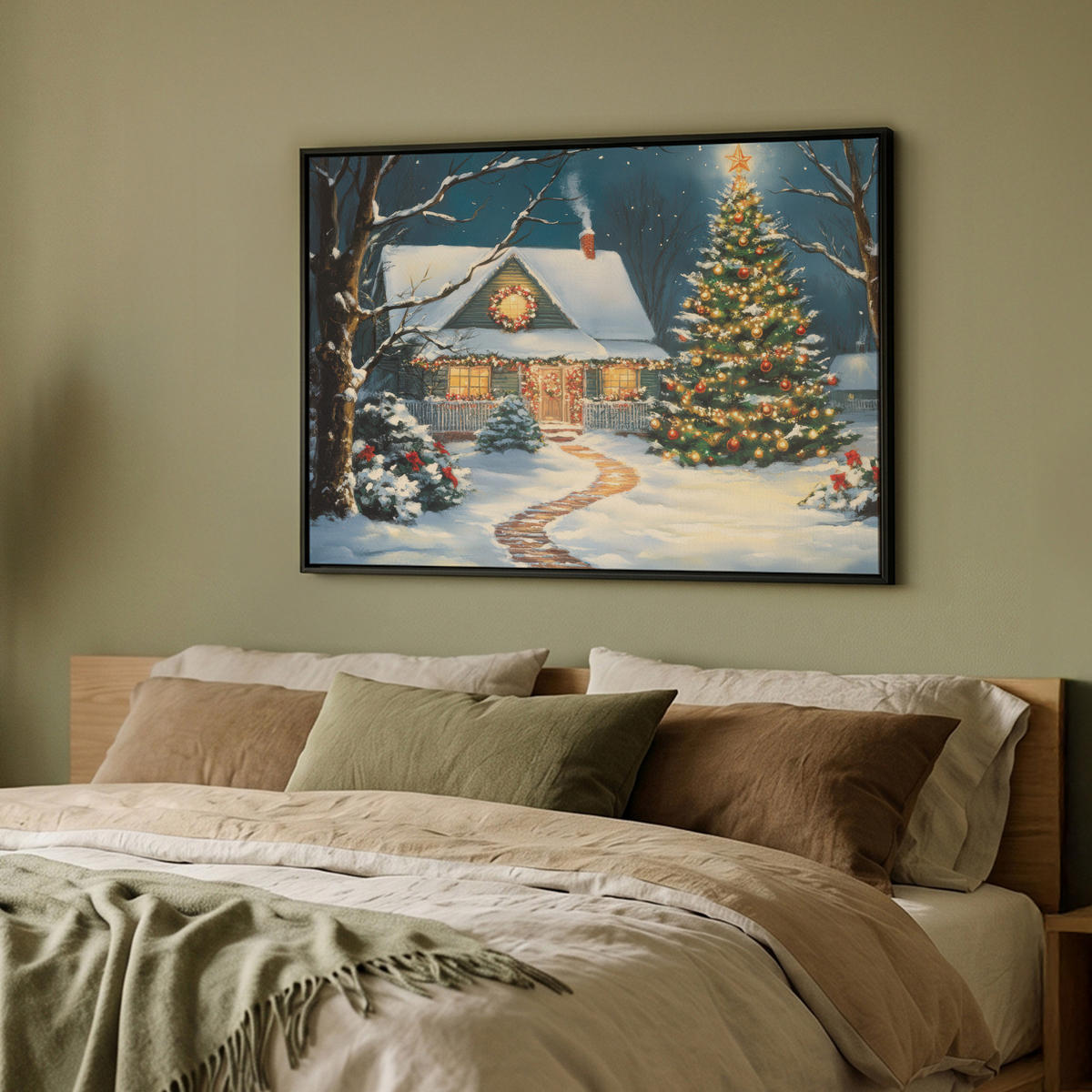 LEINWAND Bilder mit Rahmen - Weihnachten - Weihnachtsbaum - Winter - Zuhause - Schnee - 100x70 - Smaragdgrün, Textil (100/70cm) - MuchoWow