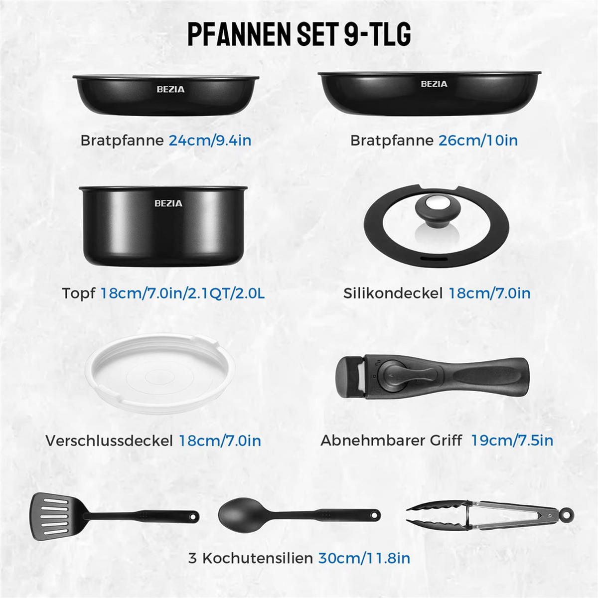 PFANNENSET Abnehmbarer Griff Keramik Induktion Antihaft - Schwarz, Keramik - Kaket