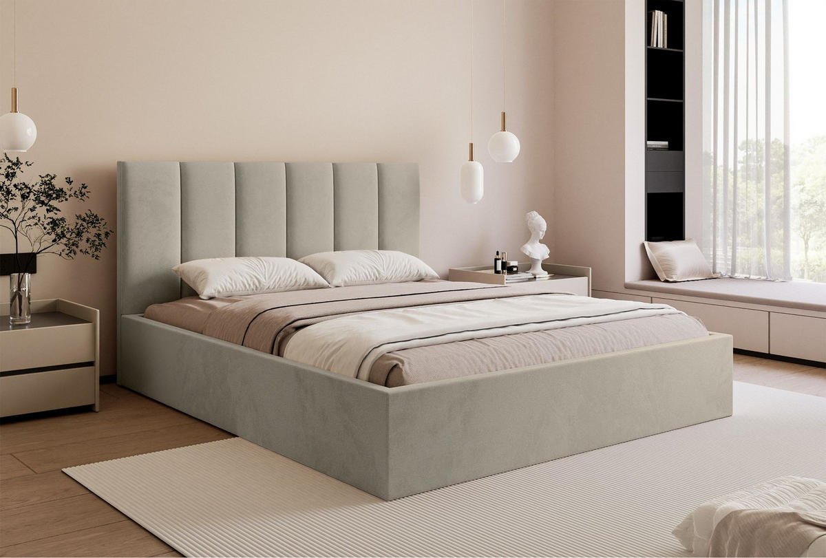 POLSTERBETT Masego Hellbeige, Velours, 180x200 cm - Ecru, Textil (180/200cm) - Selsey