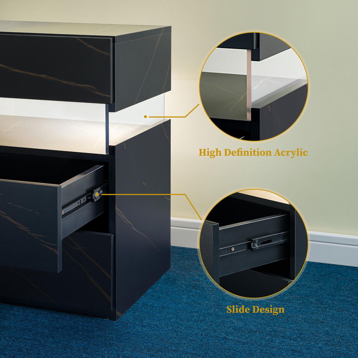 NACHTTISCH 48/38/61 cm Schwarz/Gold aus Holzwerkstoff mit LED-Beleuchtung - Schwarz, Holzwerkstoff (38/61/48cm) - OKWISH