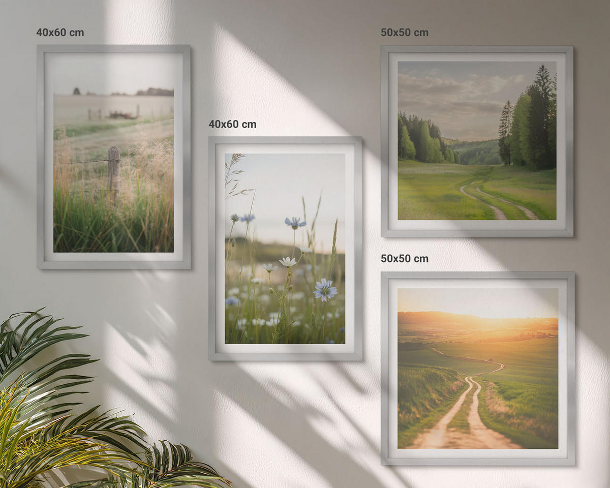 WANDBILDER 4er Set - 50x50 cm & 40x60 cm Silberner Rahmen - Landschaften Natur Felder Sonne - Silberfarben, Kunststoff (50/50cm) - ArtPrintCave