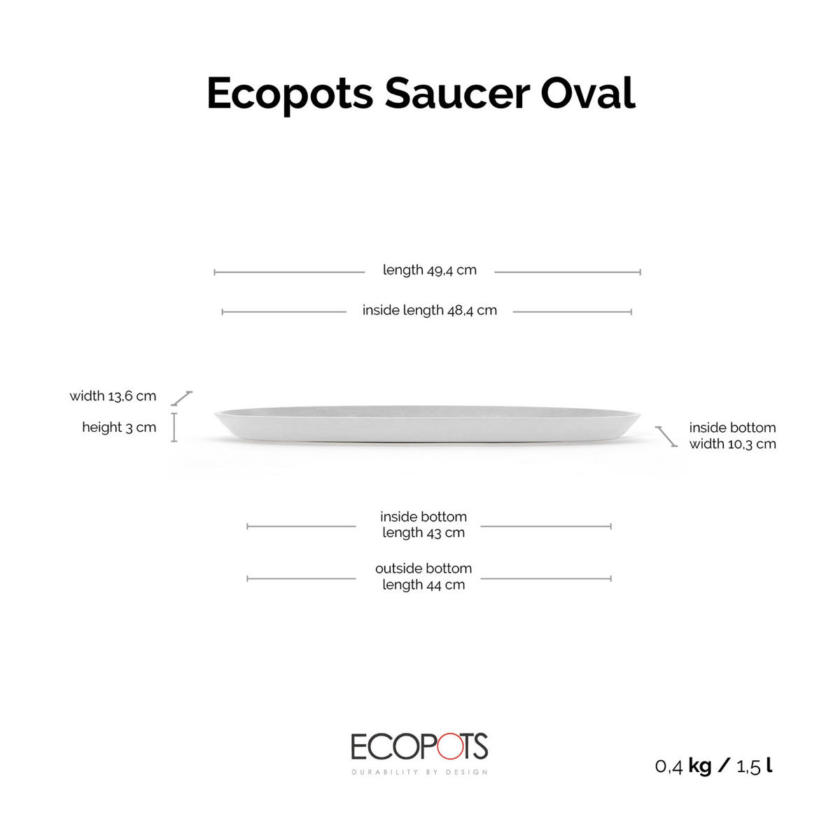 BLUMENTOPFUNTERSETZER Sofia Long 49,4/13,6/3 cm Perlweiß - Weiß, Kunststoff (49.4/3cm) - Ecopots