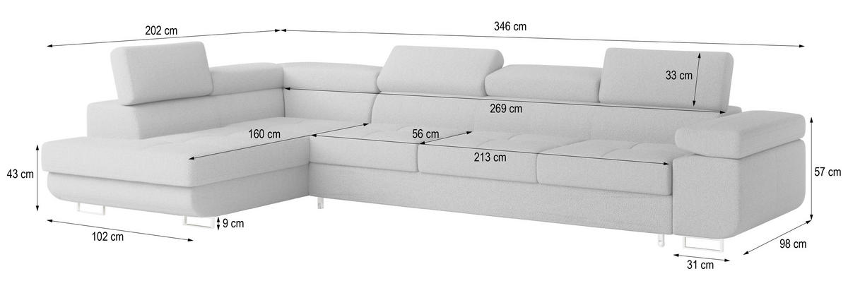 ECKSOFA VICENTE Hellgrau Boucle-Stoff mit Schlaffunktion - Hellgrau, Holz (346/202cm) - MASSENO