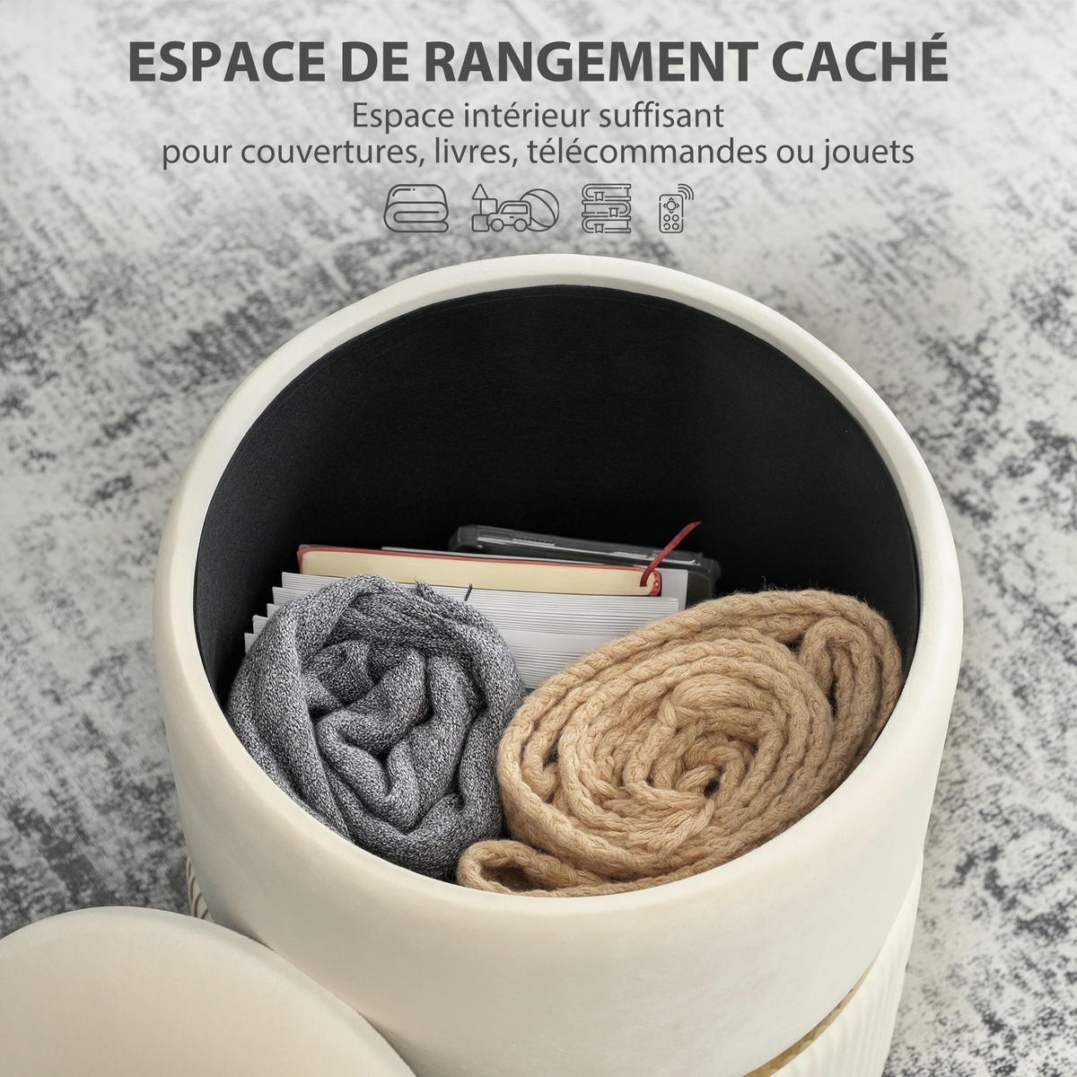 POUF DE-16435 mit Stauraum und Rippenvelours Beige - Beige, Textil (36/44/36cm) - ComfortXL
