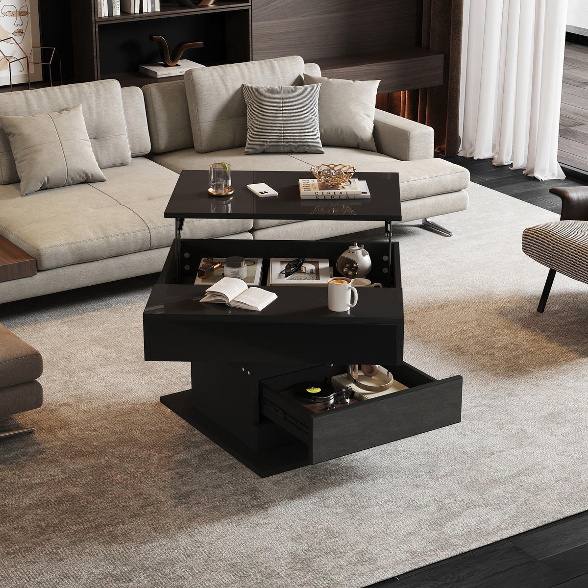 COUCHTISCH in Schwarz Kaffeetisch mit 360° drehbarer Tischplatte und Schublade für Wohnzimmer, B70/T70/H45cm - Schwarz, Holzwerkstoff (60/70/45cm) - STILVORA