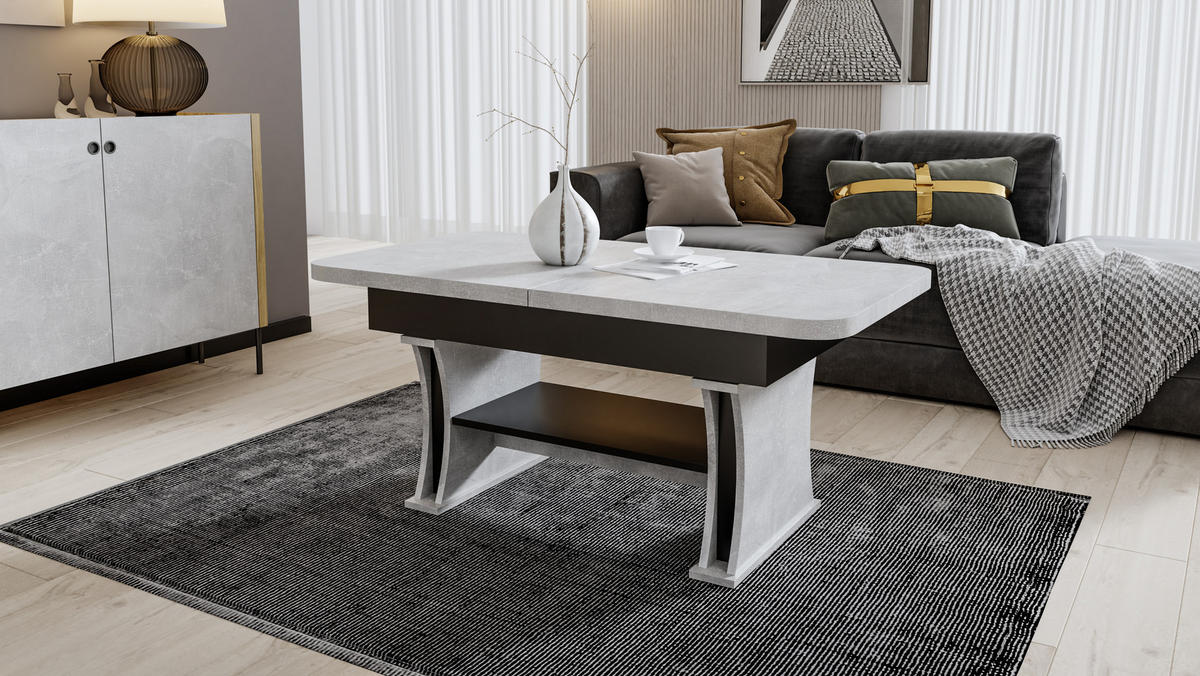 COUCHTISCH rechteckig Beton - Schwarz ausziehbar höhenverstellbar - Hellgrau/Schwarz, Holzwerkstoff (70/120/60cm) - designimpex