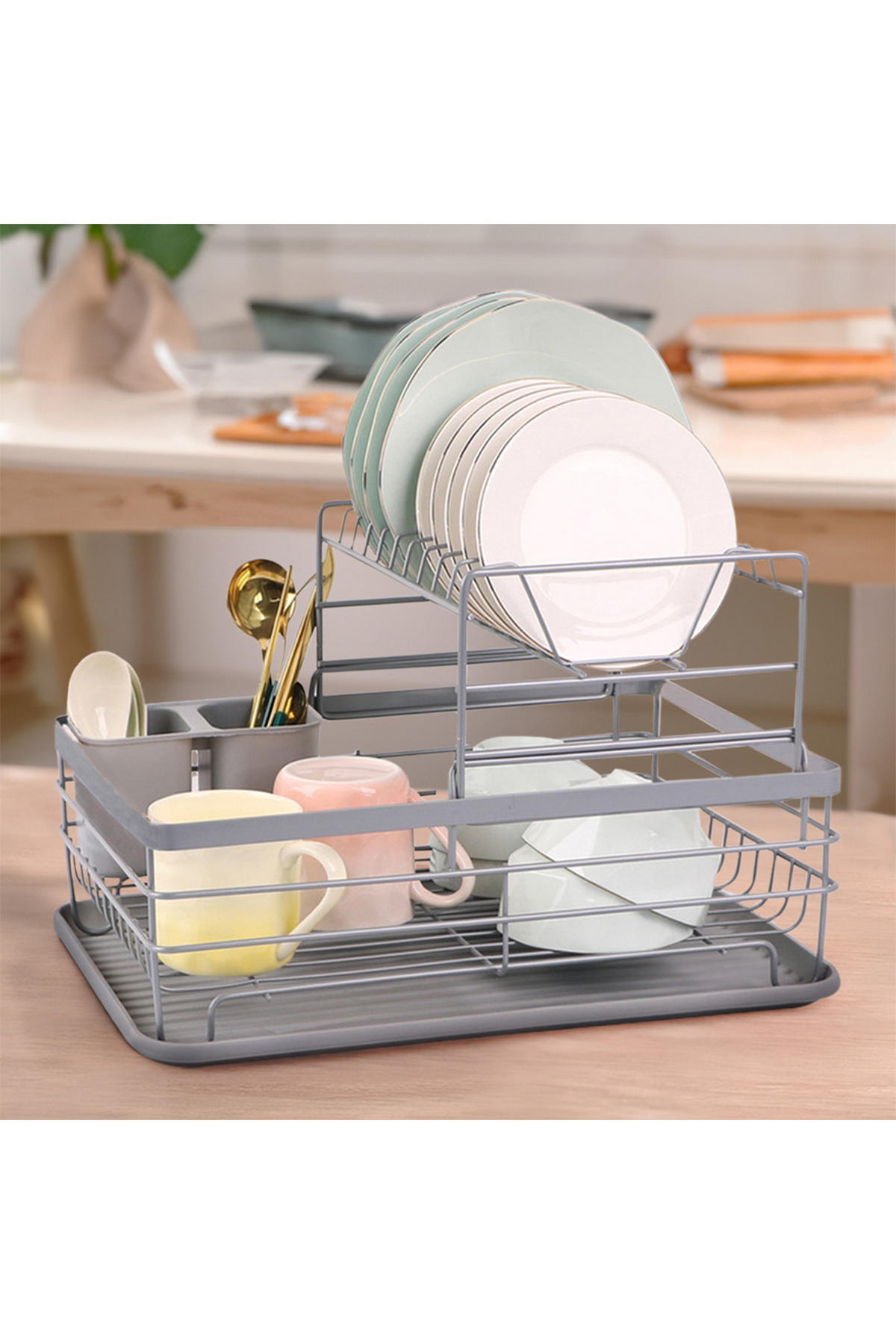 GESCHIRRABTROPFGESTELL Zweistufiges aus Eisen, PP in Silbergrau Schnelleres Trocknen Leicht zu montieren 43 x 32 x 27 cm - Silberfarben, Metall (43/27/32cm) - Livingandhome
