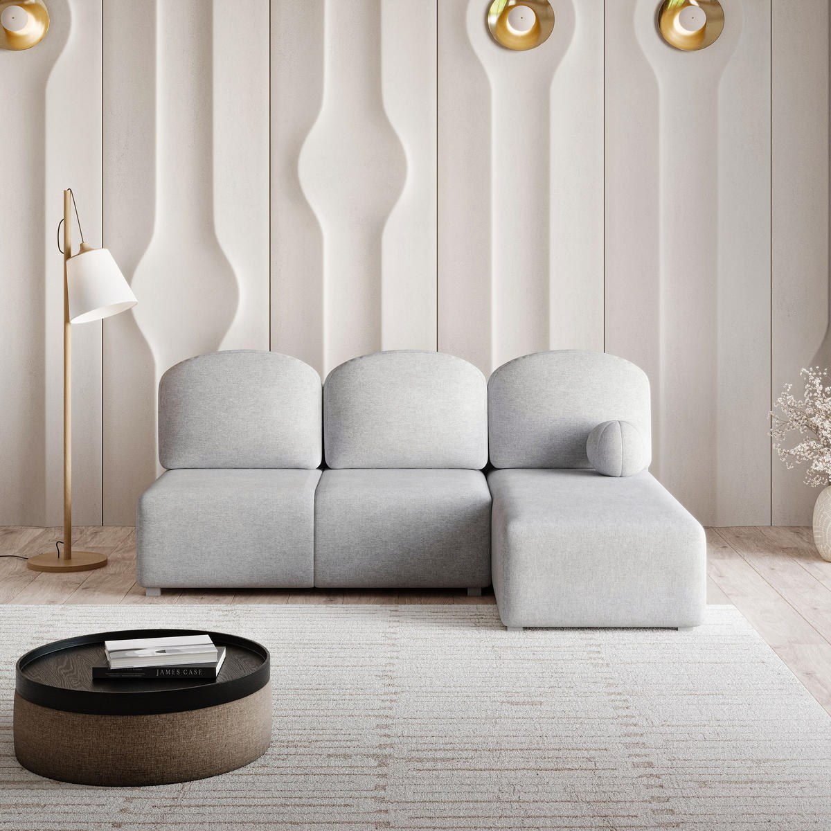 ECKSOFA TRAMA Hellgrau Geflochtener Stoff mit Schlaffunktion - Hellgrau, Holz (200/143cm) - MASSENO