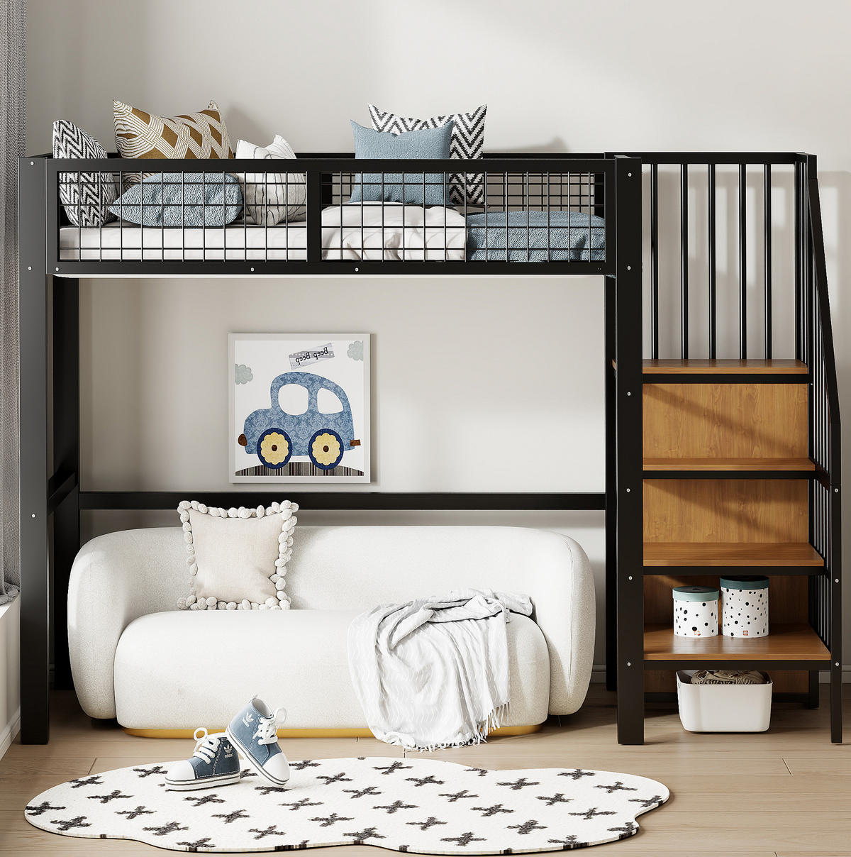 HOCHBETT 90/200 cm Schwarz aus Metall mit Leiter und Kleiderschrank - Schwarz, Metall (90/200cm) - OKMYHOME