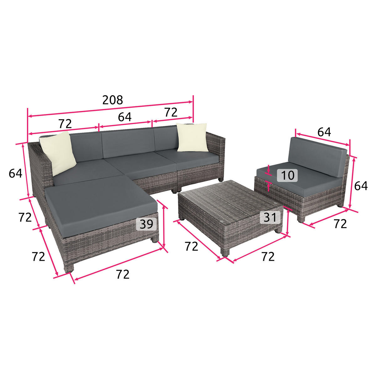RATTANLOUNGE , mit Sicherheitsglasplatte, grau - Grau, Kunststoff - tectake