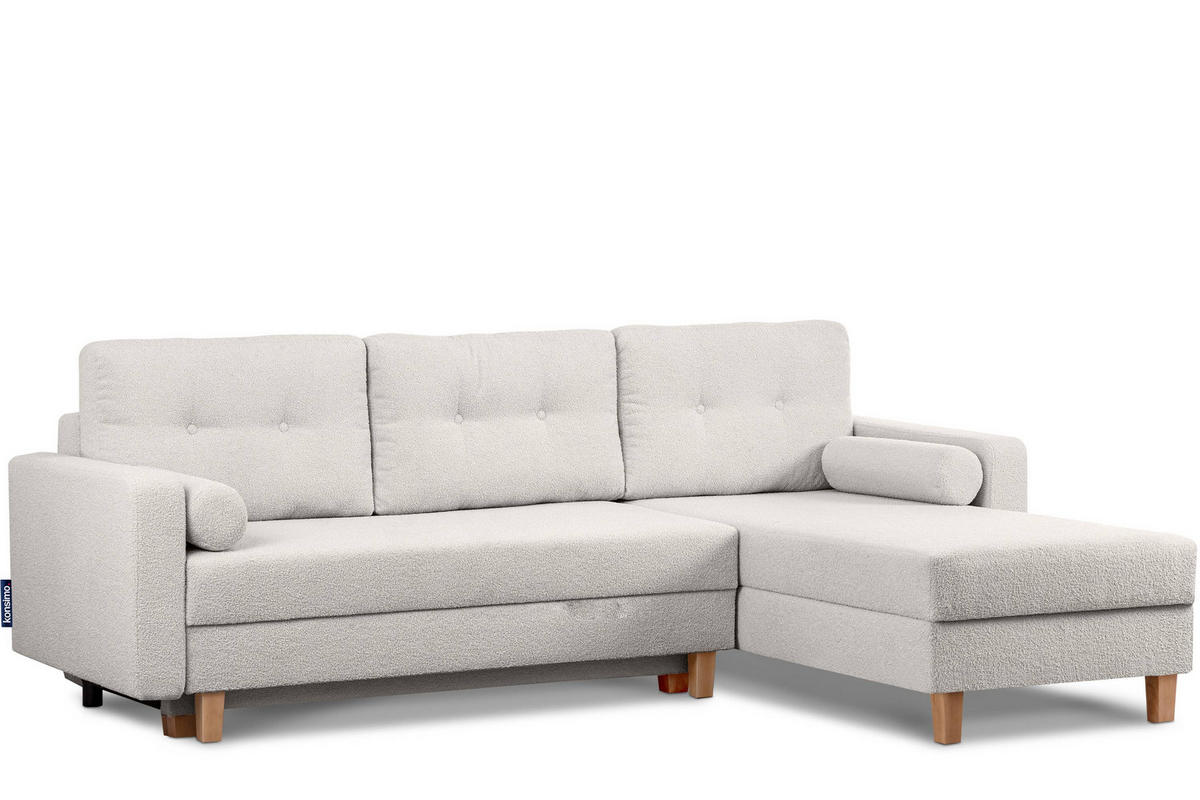 ECKSCHLAFSOFA ERISO 3/4 Sitzer und Universalecke mit Ottoman, Bouclé-Stoff, weiß - Braun/Weiß, Textil (240/183cm) - KONSIMO®
