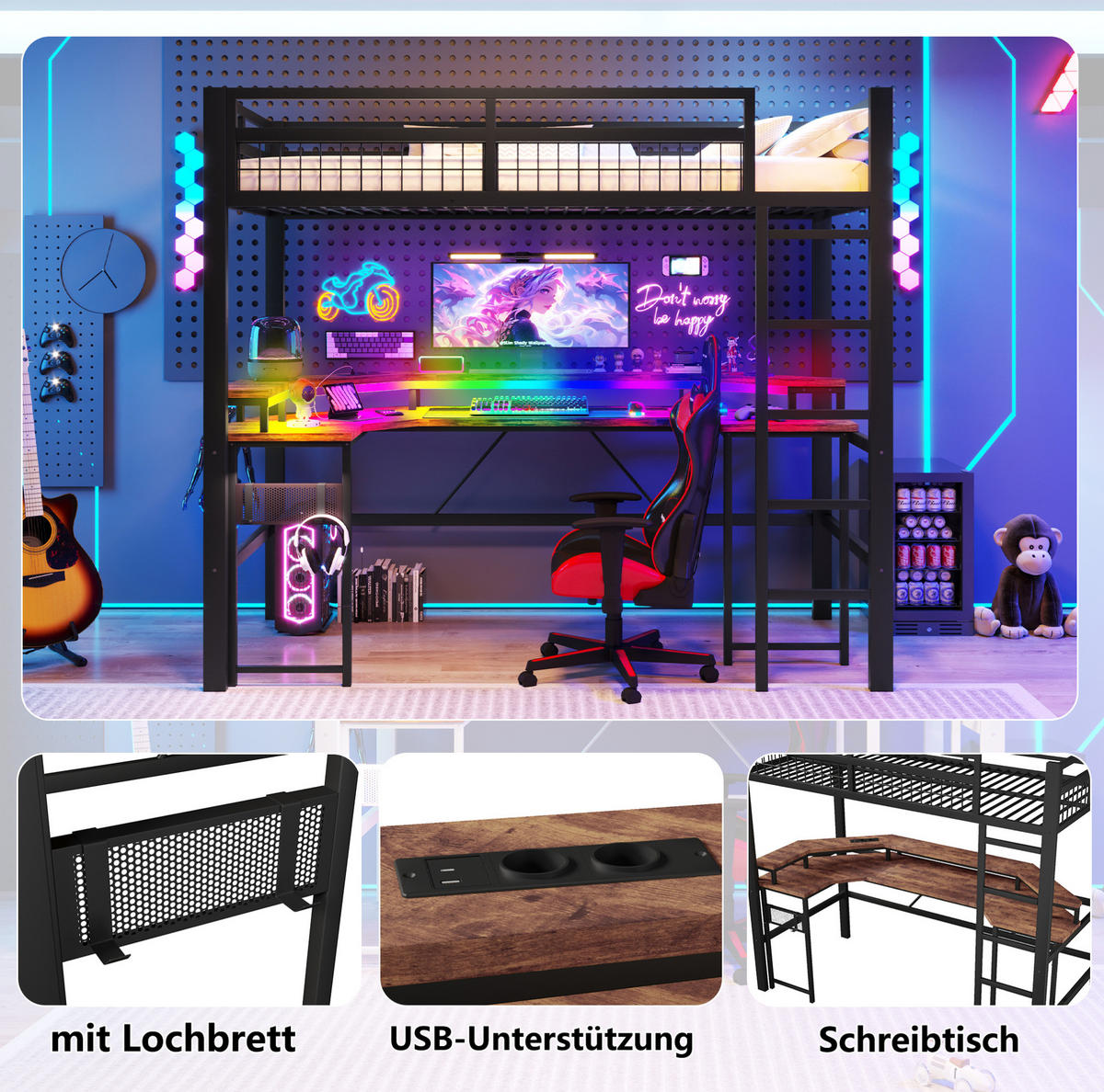 HOCHBETT 90/200 cm Schwarz aus Metall und MDF mit Schreibtisch - Schwarz, Metall (90/200cm) - OKMYHOME