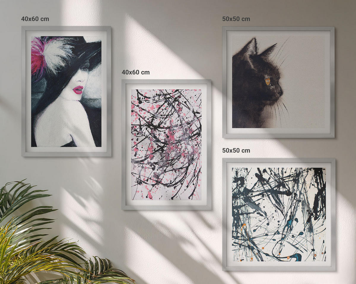 BILDER SET 4er Set - 50x50 cm & 40x60 cm Silberner Rahmen - Abstrakte Katzenmalereien - Silberfarben, Kunststoff (50/50cm) - TULUP