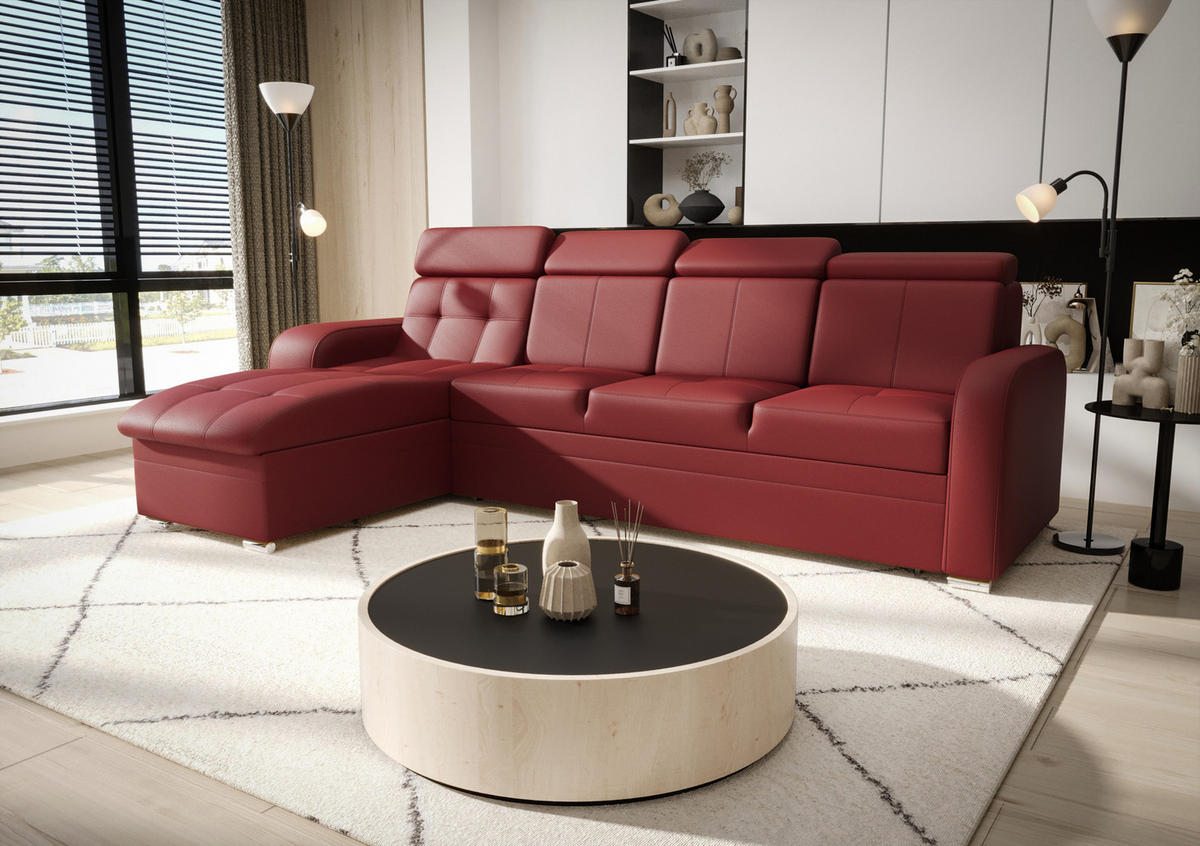 ECKSOFA KONGO RBN10, Eckcouch in L-Form mit Schlaffunktion, Farbe: Rot, Kunstleder, Ottomane Links - Rot, Textil (315/169cm) - O-Sofa