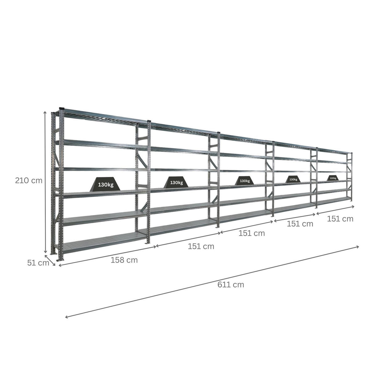 FACHBODENREGAL Proximo 210x750x50cm 6 Ebenen Beidseitig nutzbar Verzinkt - Silberfarben, Metall (750/210/50cm) - PROREGAL