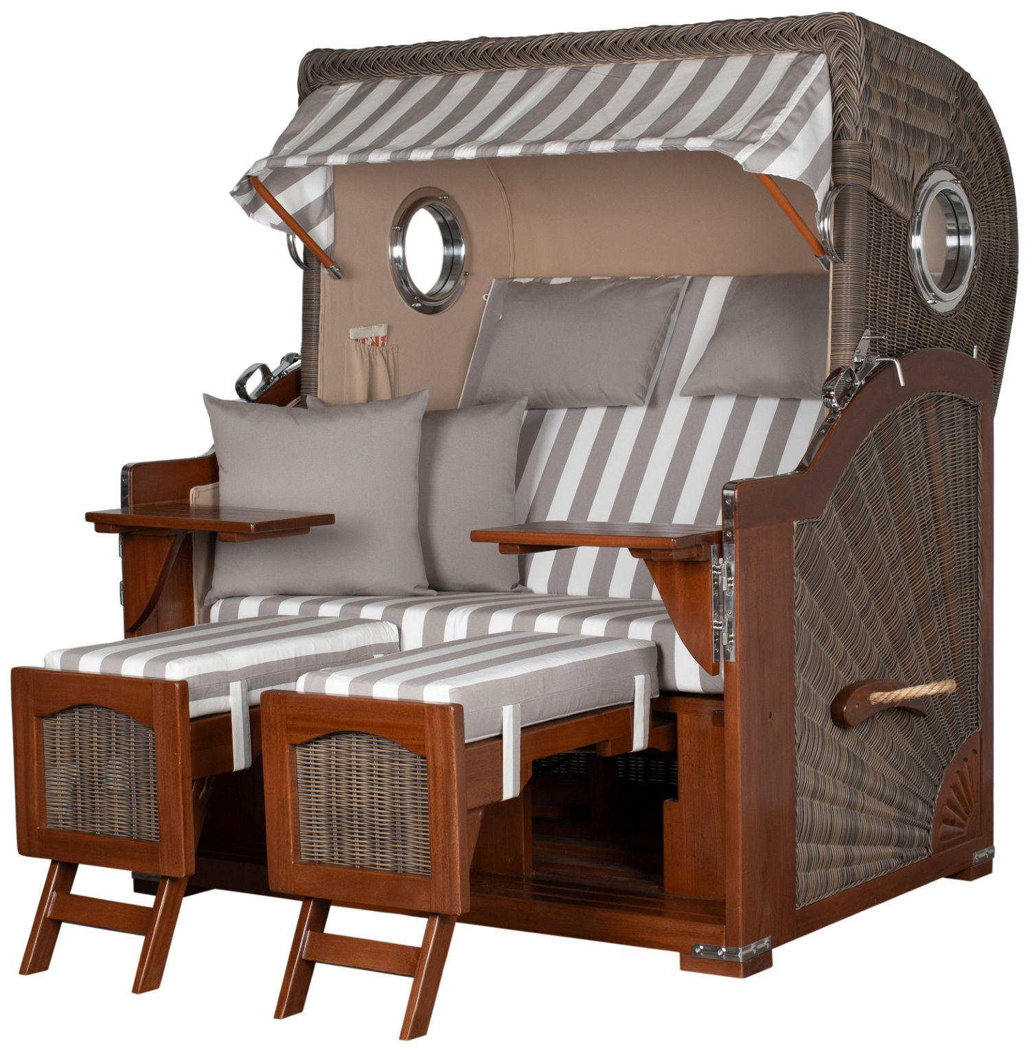 STRANDKORB Komplettset: Ammersee Grande XL Mahagoni Bullauge - PE grau - Modell 513 - Weiß/Grau, Holz/Kunststoff (142/165/95cm) - bene living