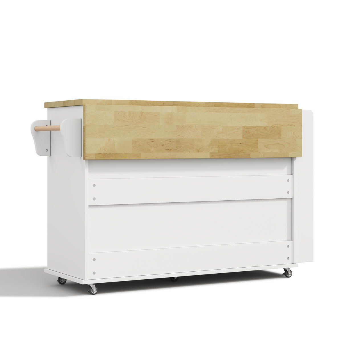 KÜCHENINSEL 120/70/90 cm Weiß mit 2 Schubladen, Glastüren, Gewürzregal, 5 Rädern und klappbarer Arbeitsplatte - Weiß, Holz/Holzwerkstoff (138/90/70cm) - Oxeza
