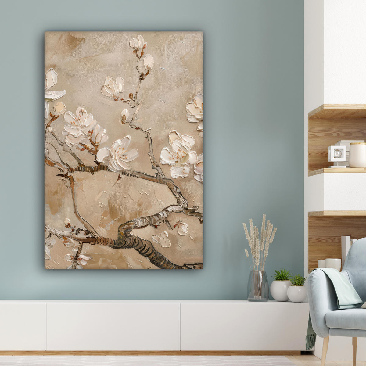 LEINWANDBILD - Blumen - Modern - Beige - Weiß - Blüte - 80x120 - Wanddeko - Beige, Textil (80/120cm) - MuchoWow