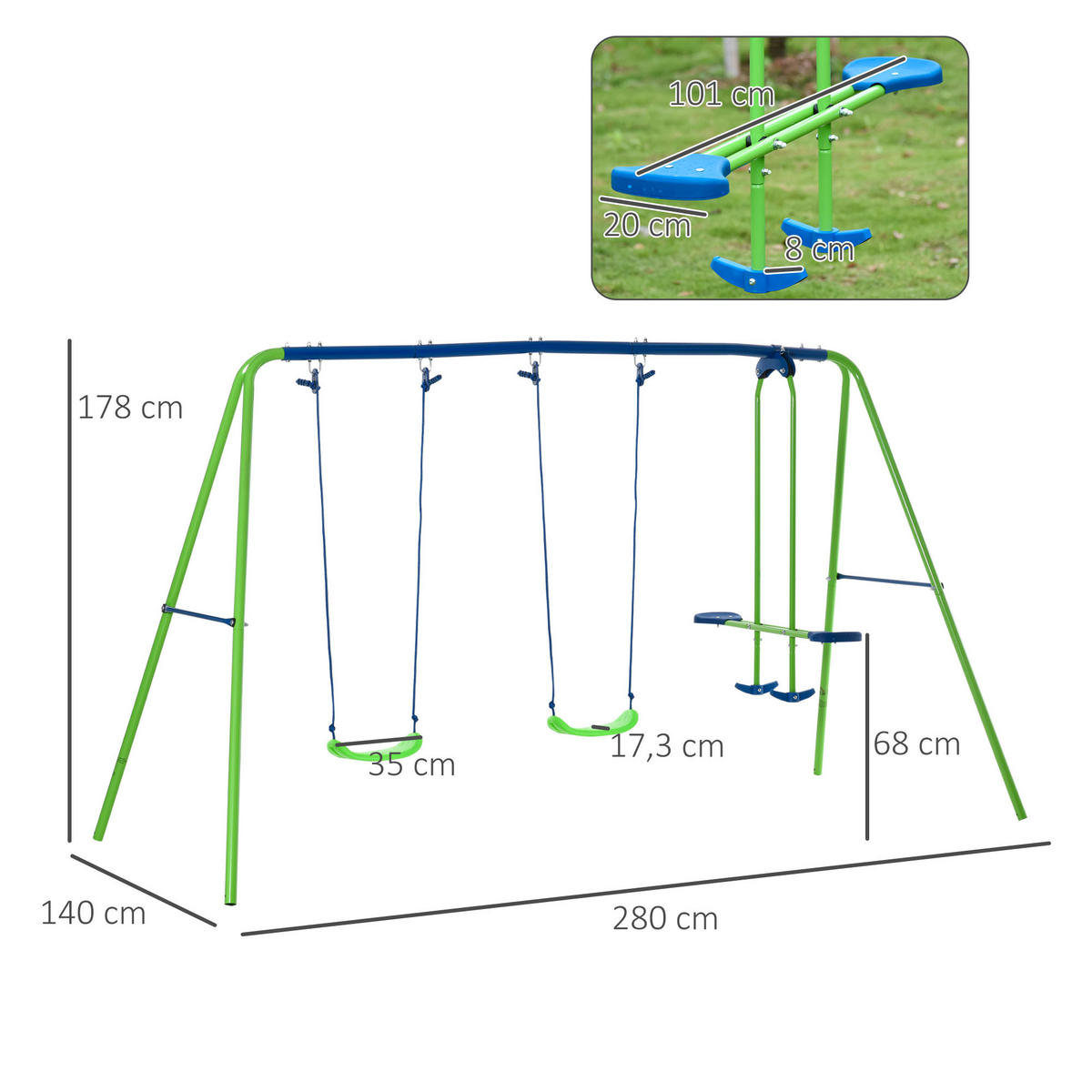 SCHAUKEL DE-17986 3-in-1 mit 2 Schaukeln Grün - Grün, Metall (140/280cm) - ComfortXL