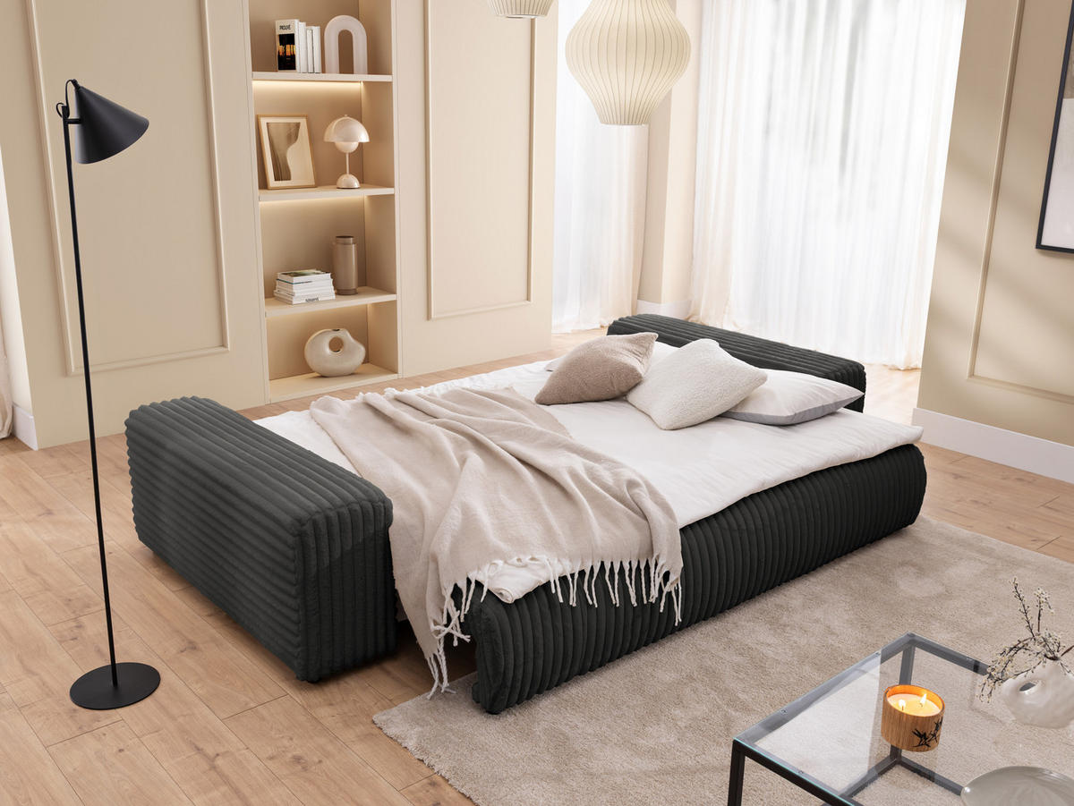 BIGSOFA Mollis Dunkelgrau Plüschcord mit Schlaffunktion - Dunkelgrau/Schwarz, Holz/Kunststoff (260/77/124cm) - S-Style Möbel
