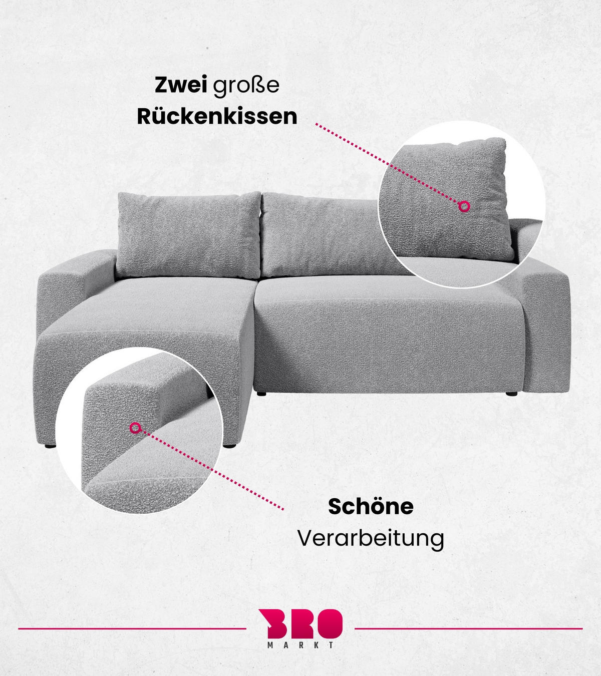 ECKSOFA PLUSH mit Schlaffunktion Grau Boucle - Hellgrau, Textil (240/145cm) - Bromarkt
