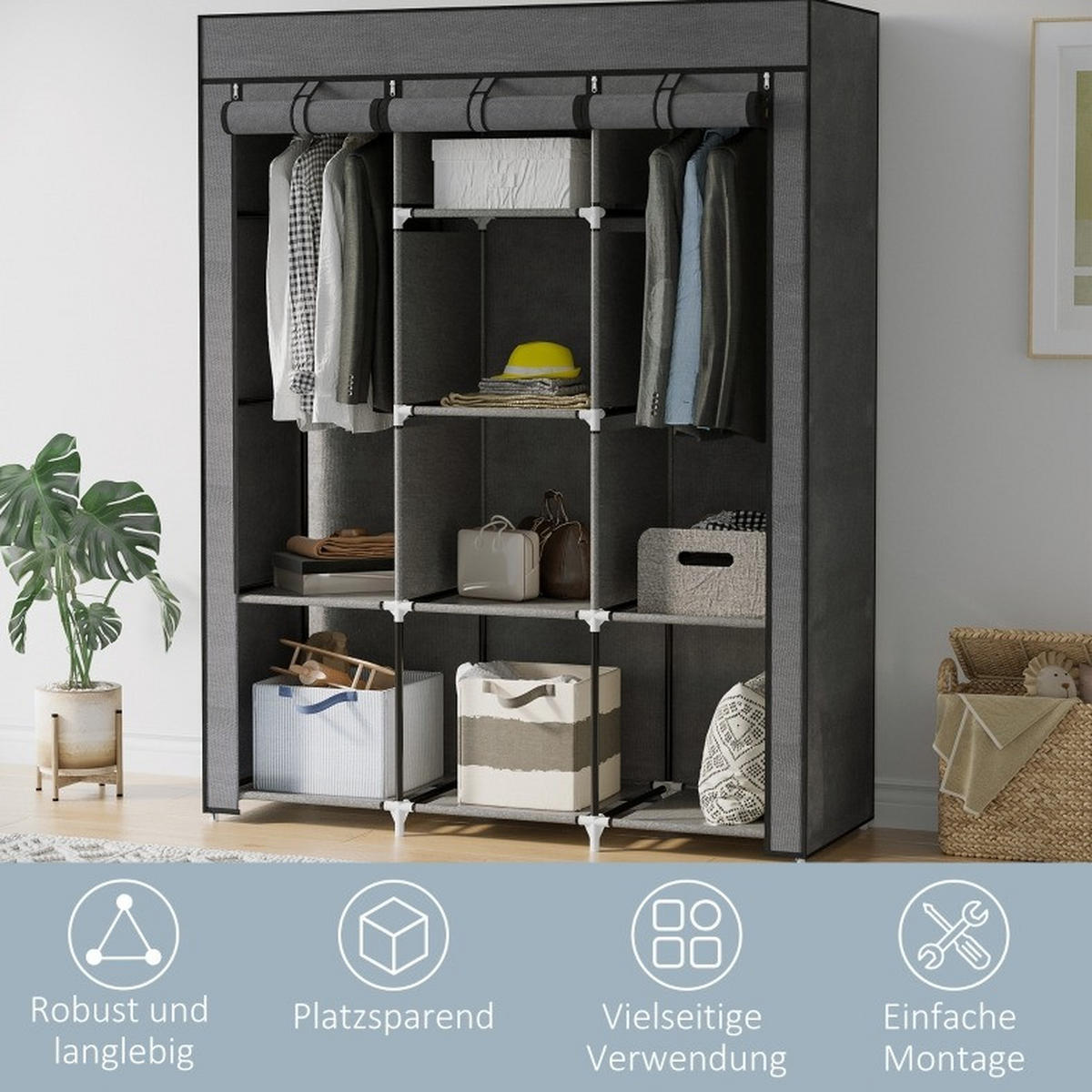 KLEIDERSCHRANK 125/43/162,5 cm dunkelgrau aus Stoff mit 2 Kleiderstangen und 8 Fächern - Dunkelgrau, Textil (43/162.5/125cm) - OKWISH