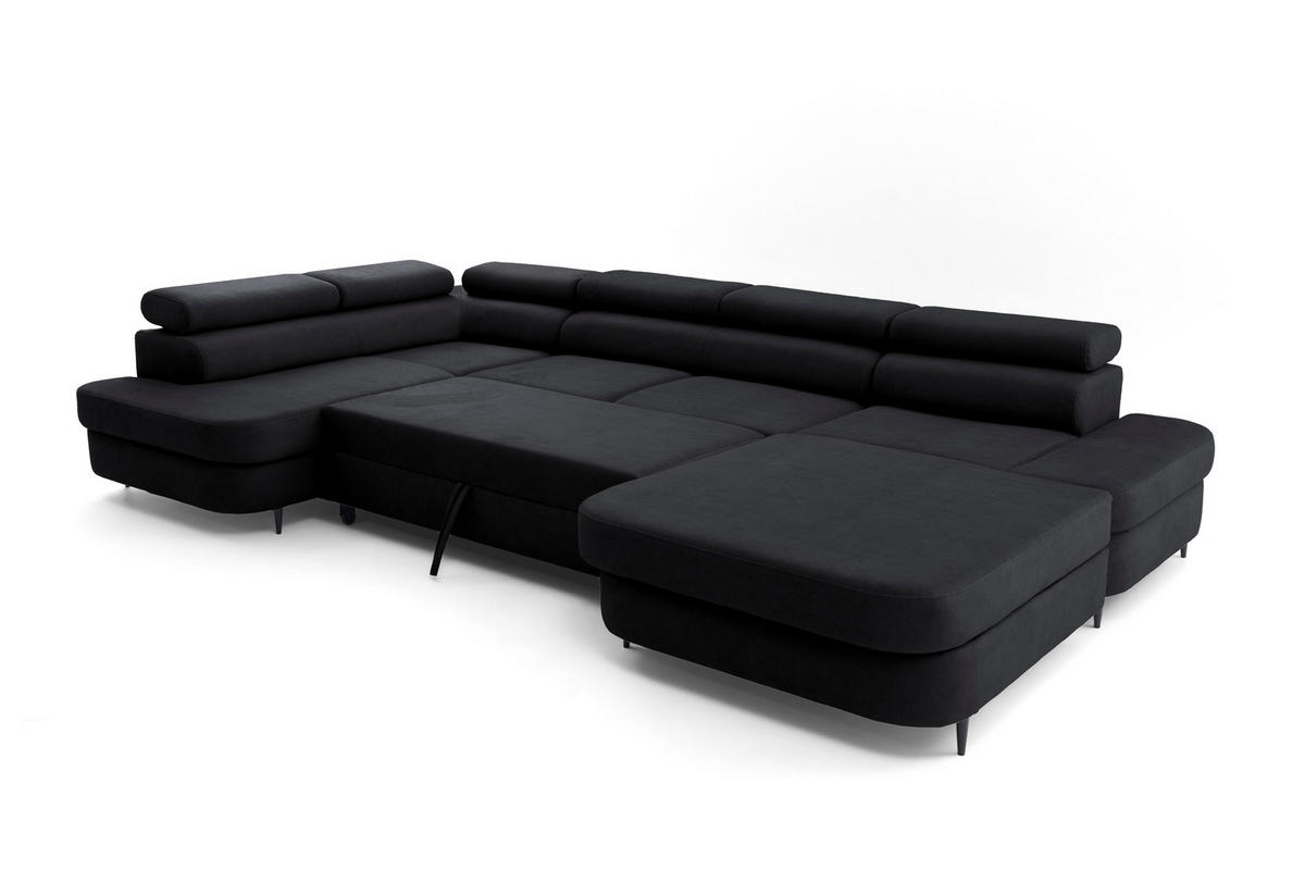 ECKSOFA U-Form PRIAM U Rechts mit Schlaffunktion 126x270 Velours Schwarz - Schwarz, Holz/Textil (203/91/350cm) - Muffo
