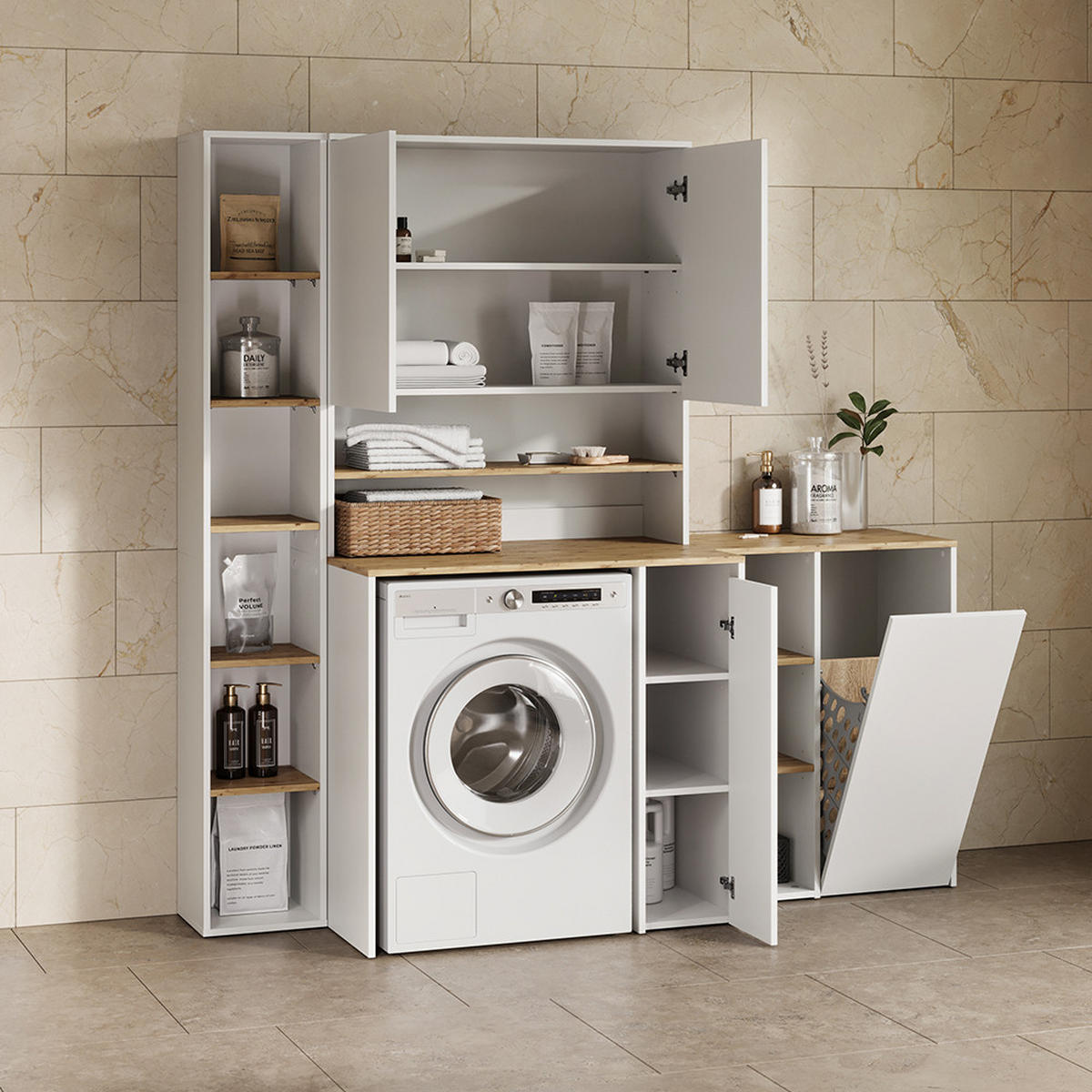 WASCHMASCHINENSCHRANK Paolina Weiß/Artisan 93.6 x 88.2 cm 2 Teile mit Regal - Weiß/Eiche Artisan, Holzwerkstoff (93.6/88.2/60.3cm) - Livinity®