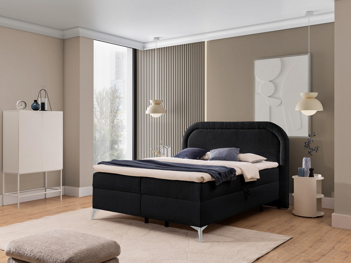 BOXBETT Sonna 160/200 cm Schwarz Bouclé-Stoff mit abgerundetem Kopfteil und mit silbernen Metallfüßen - Silberfarben/Schwarz, Holz/Textil (160/200cm) - S-Style Möbel