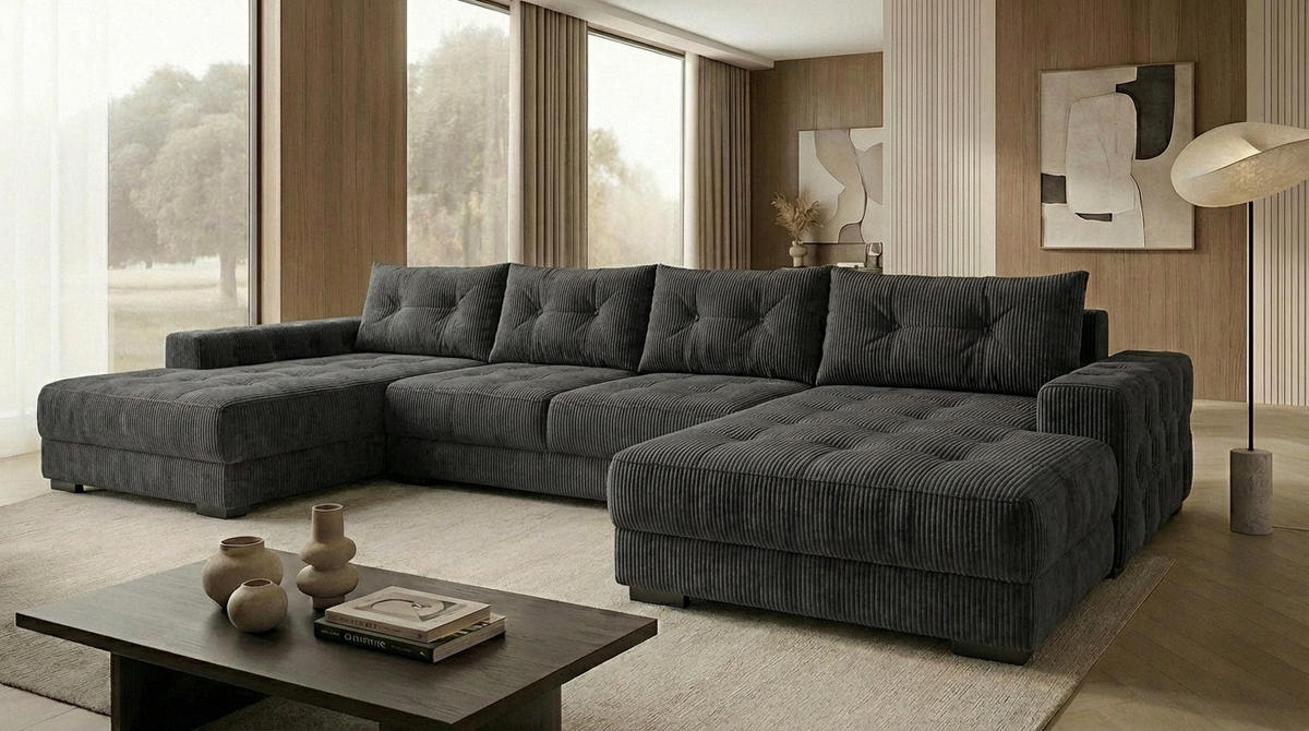 ECKSOFA MODENA 320 cm x 185 cm – Stoff: ZOOM 22 Farbe: Dunkelgrau - Dunkelgrau, Textil (320/185cm) - A&J MöbelLand