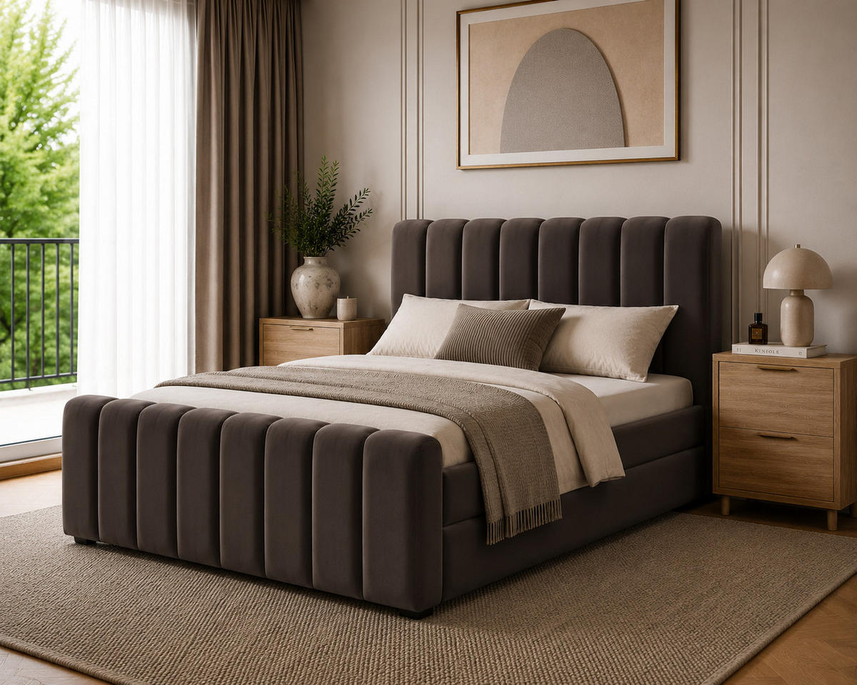 BOXBETT 01 BIS 160 x 200 cm - Vibe - Modernes Polsterbett mit Bettkasten inkl. PU-Schaum-Topper und Federmechanismus - Braun, Holz (160/200cm) - ROYAL24_MARKT