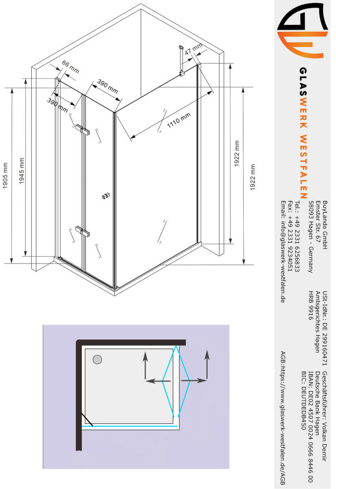 DUSCHKABINE Cornelia 120x90x195cm Eck +DT - Silberfarben, Glas (90/120/195cm) -  Glaswerk Westfalen