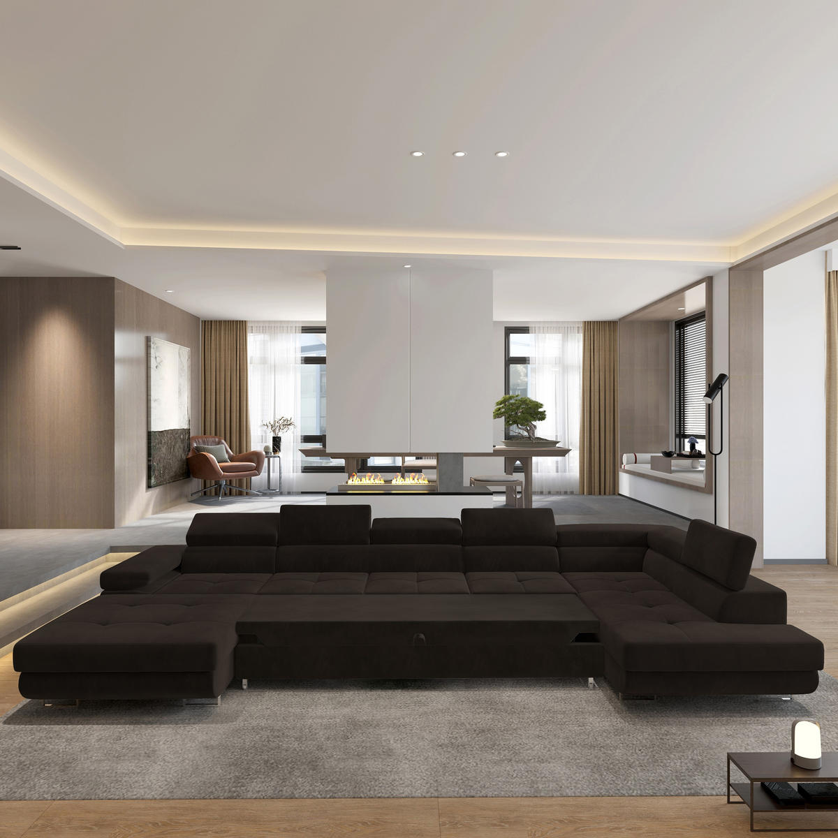 WOHNLANDSCHAFT TORIVA R-S Braun Velours-Stoff mit Schlaffunktion - Braun, Holz (418/90/202cm) - MASSENO