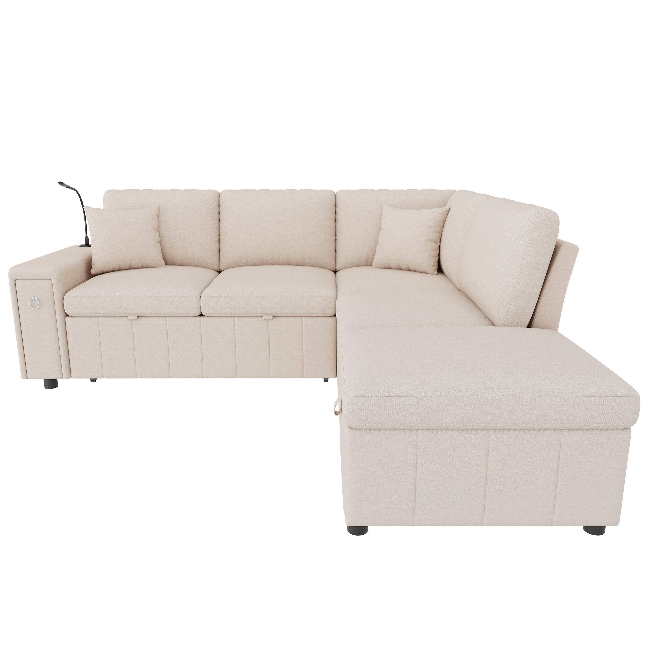 5-SITZER ECKSOFA Leinen Beige mit Schlaffunktion, USB, Type-C und Hocker - Beige, Holzwerkstoff/Kunststoff (213/184cm) - WISHDOR