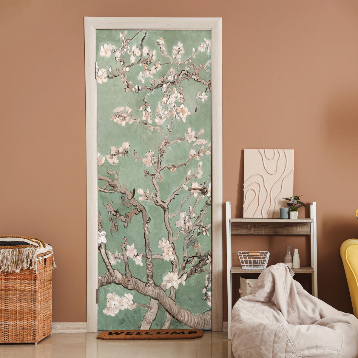 TÜRAUFKLEBER Selbstklebend - Mandelblüte - Kunst - Van Gogh - Grün 95x235 cm - Türtapete - Salbeigrün, Kunststoff (95/0.1cm) - MuchoWow
