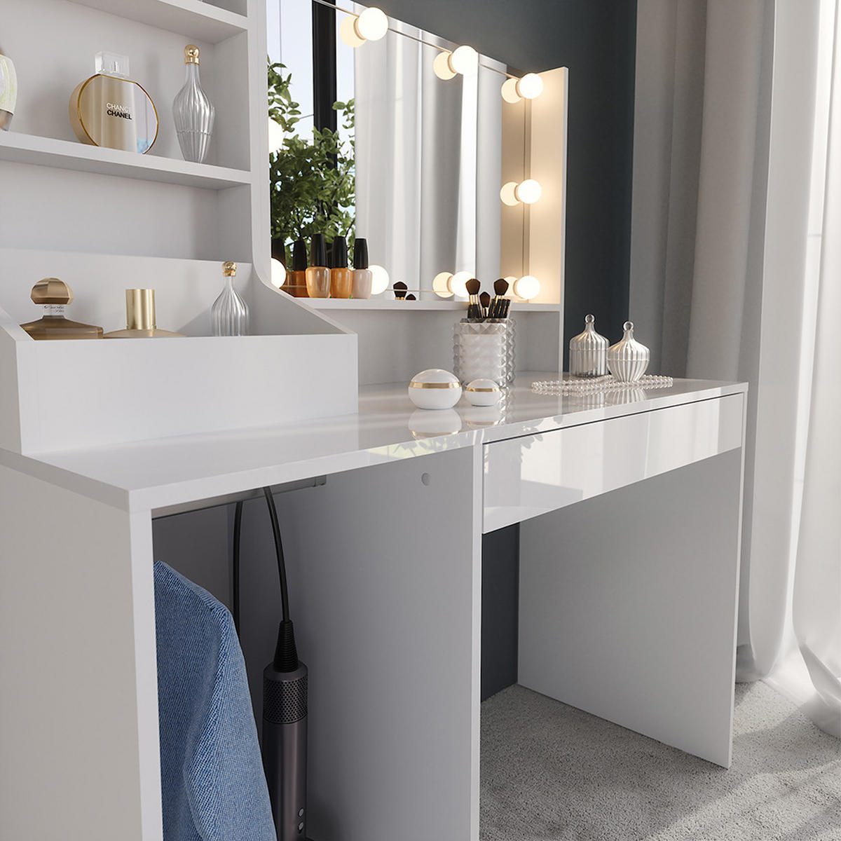 SCHMINKTISCH Sherry Weiß/Weiß Hochglanz 119.8 cm 4 Teile - Weiß Hochglanz, Holzwerkstoff (119.8/76/50.1cm) - Vicco