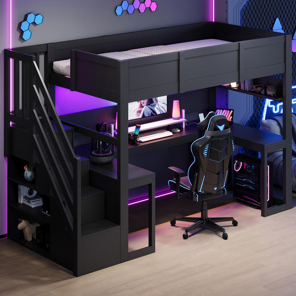 HOCHBETT 90 x 200 cm mit Schreibtisch LED-Beleuchtung und USB-Anschluss, Schwarz - Schwarz, Holz (90/200cm) - KOMHTOM