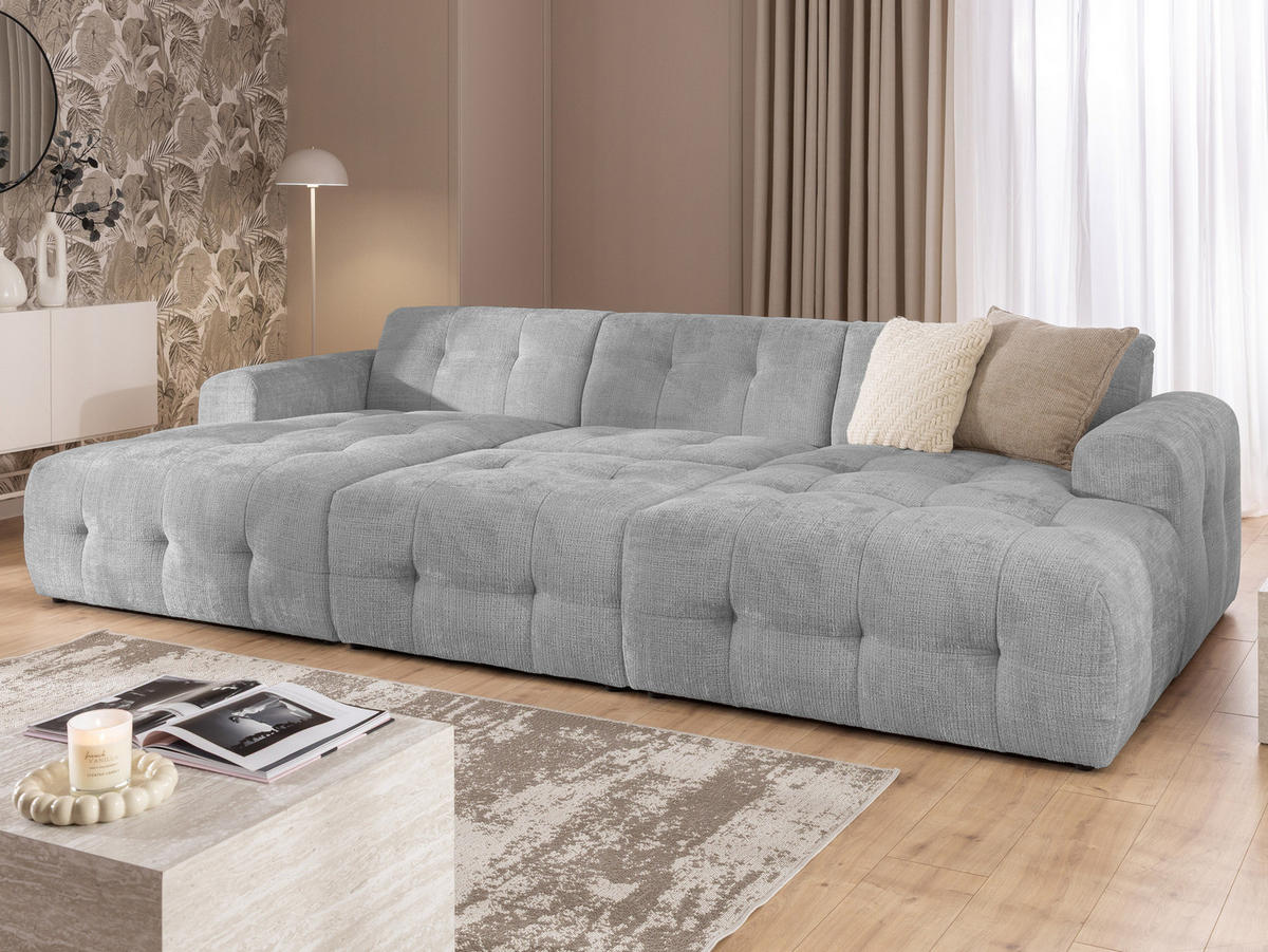 WOHNLANDSCHAFT inkl. Hocker Kozy im Bumpy-Design mit Schlaffunktion und fester Rückenlehne aus weichem Hellgrau Chenille-Stoff - Hellgrau/Schwarz, Holz/Kunststoff (323/79/161cm) - S-Style Möbel