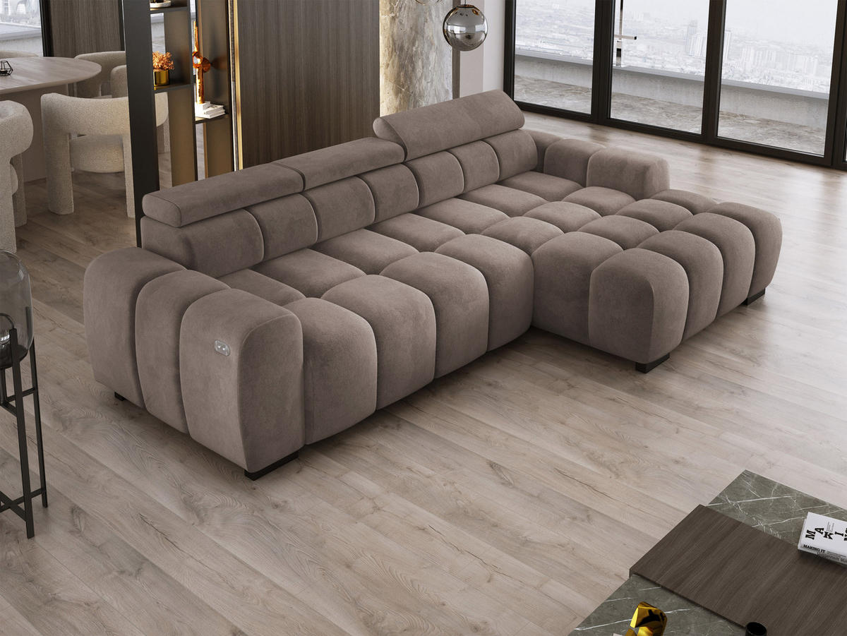 ECKSOFA OMBO 285x168x77/97 cm, Rechts, Schlaffunktion, elektr. Sitz, Kopfstützen, Buche dunkel, hydrophober SALVADOR-Stoff – Cappuccino - Cappuccino, Holz/Textil (285/168cm) - DomoHome