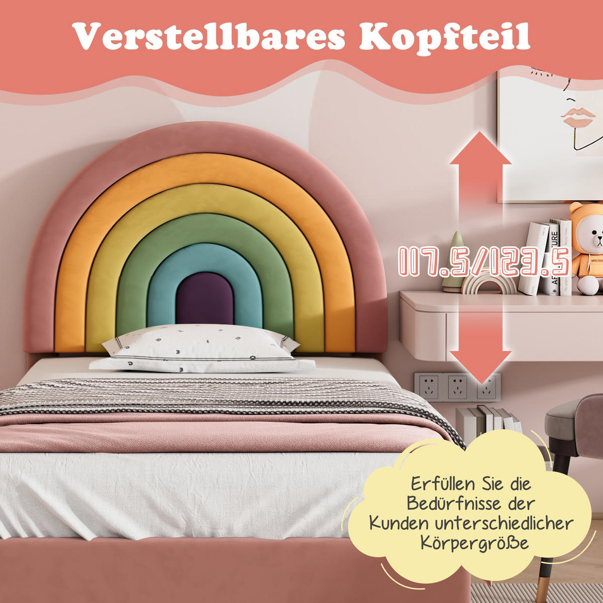 POLSTERBETT 90/200 cm aus Samt in Rosa mit Lattenrost und höhenverstellbarem Kopfteil - Rosa, Textil (90/200cm) - Flora Grace