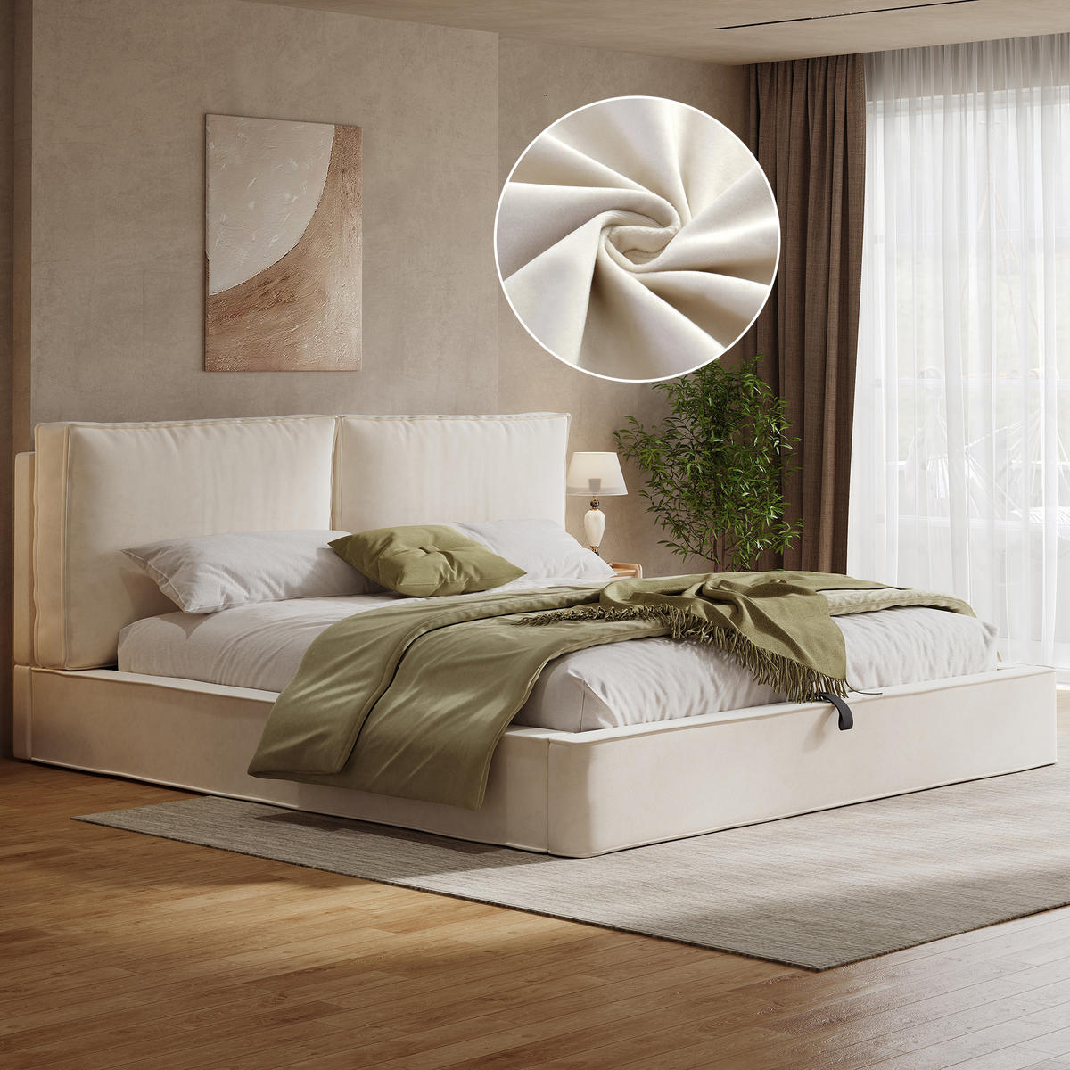 POLSTERBETT 180/200 cm in Beige mit Bettkasten Samt im Blockdesign - Beige, Holzwerkstoff/Textil (180/200cm) - STILVORA
