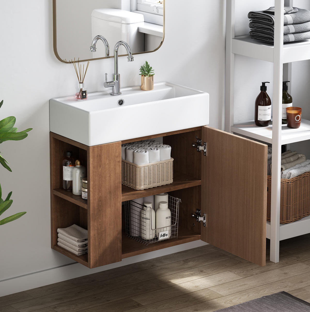 BADEZIMMERSCHRANK 55x31x66.5 cm Braun & Weiß aus Kunststoff mit Keramikbecken & 3D-Paneel - Braun, Holzwerkstoff (55/66.5/31cm) - Modfu